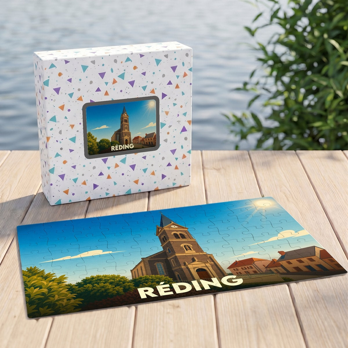 Puzzle souvenir de la ville de Réding avec une illustration stylisée de son église.