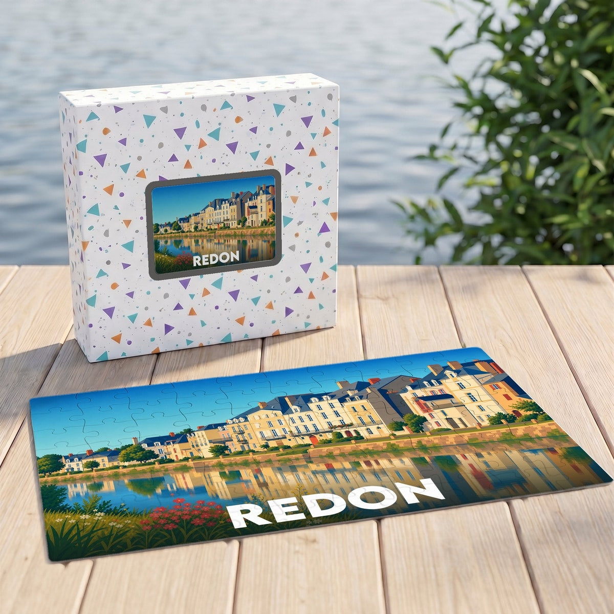 Puzzle souvenir de la ville de Redon illustrant ses quais et leurs reflets sur l'eau.
