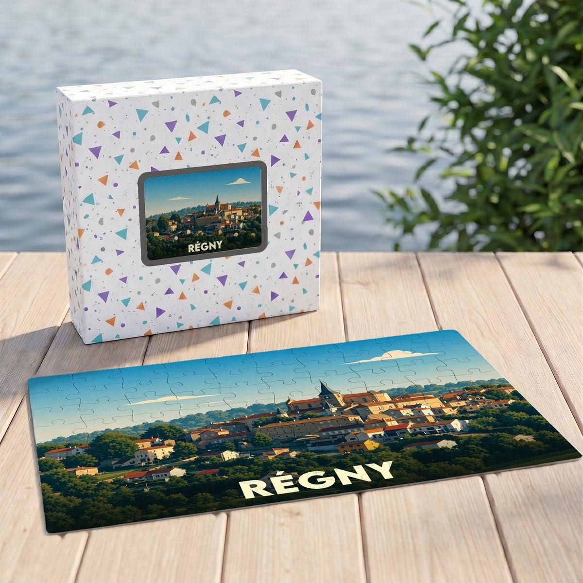 Puzzle souvenir de la ville de Régny avec une illustration stylisée de son paysage urbain.