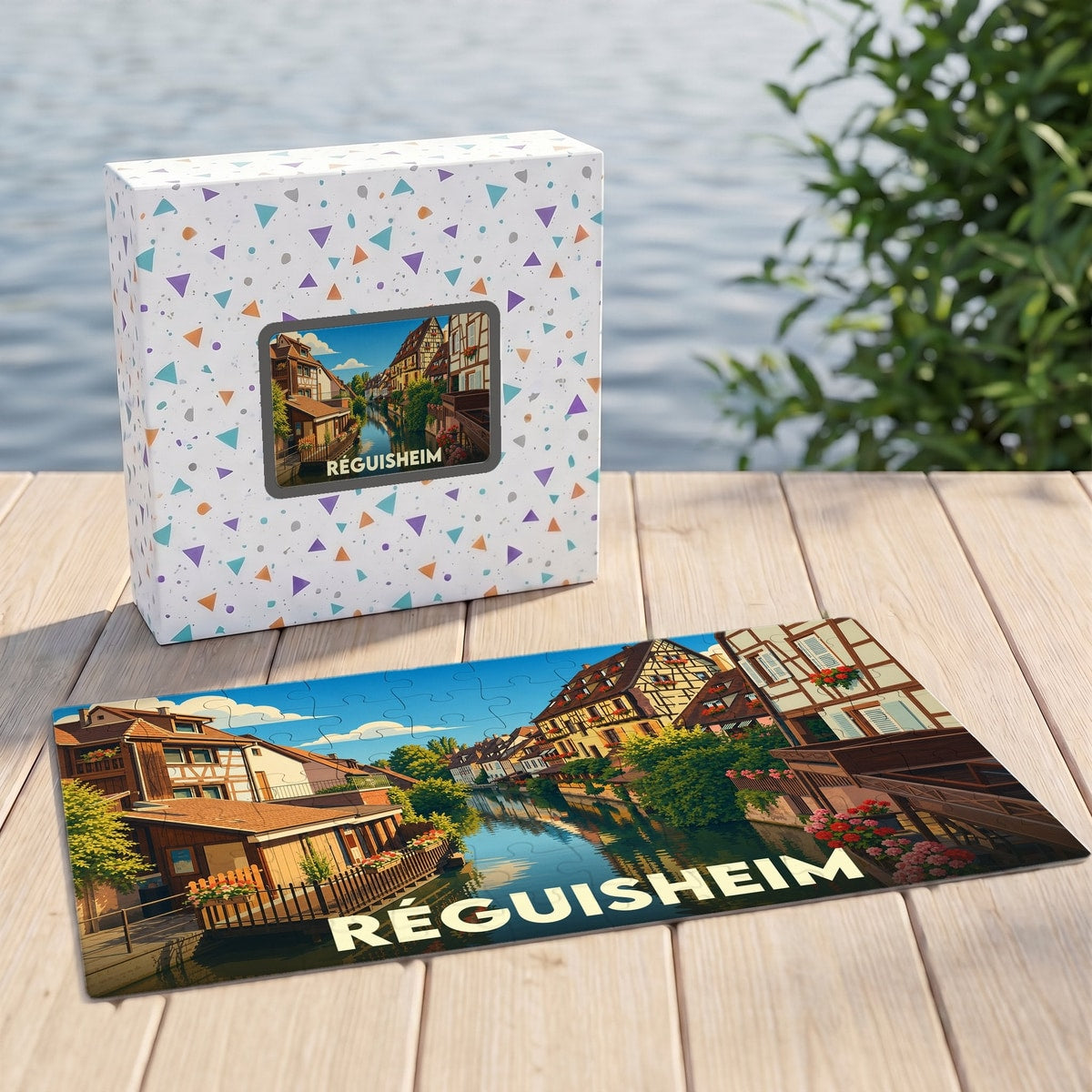 Puzzle souvenir de la ville de Réguisheim avec une illustration stylisée d'un canal bordé de maisons à colombages.