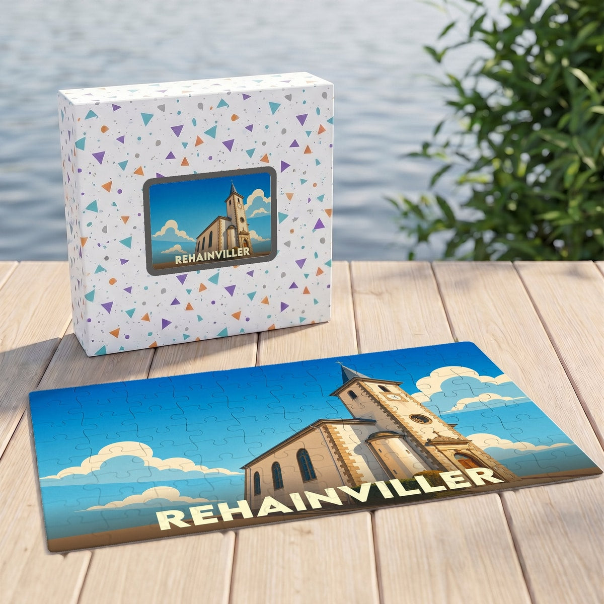 Puzzle souvenir de la ville de Rehainviller avec une illustration stylisée d'une église sur sa boîte et son plateau.