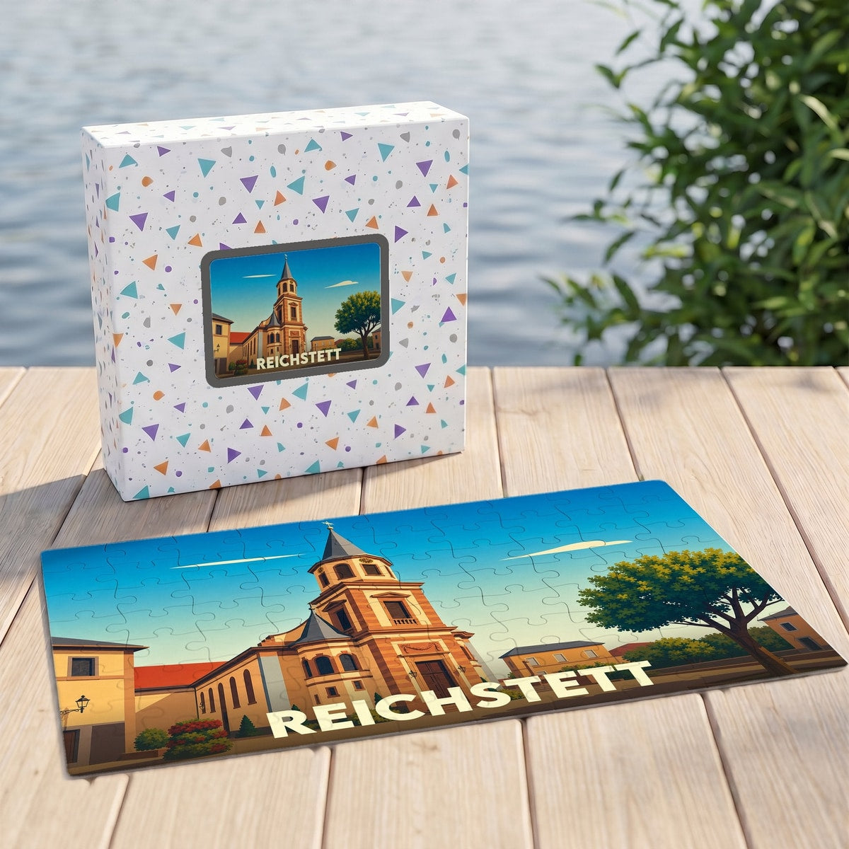Puzzle souvenir de la ville de Reichstett représentant une église stylisée sous un ciel bleu.
