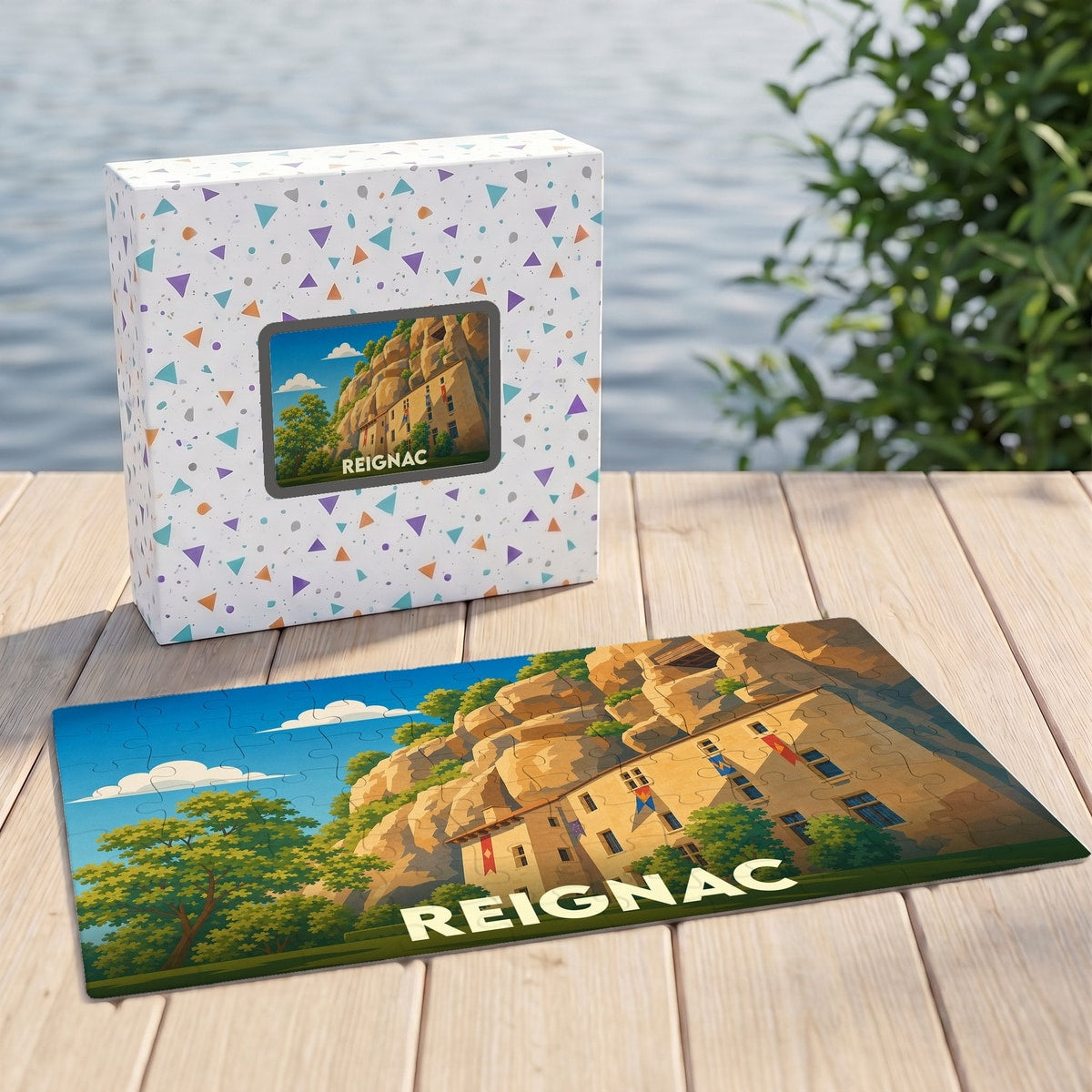 Puzzle souvenir de la ville de Reignac illustrant sa célèbre maison forte à flanc de falaise.