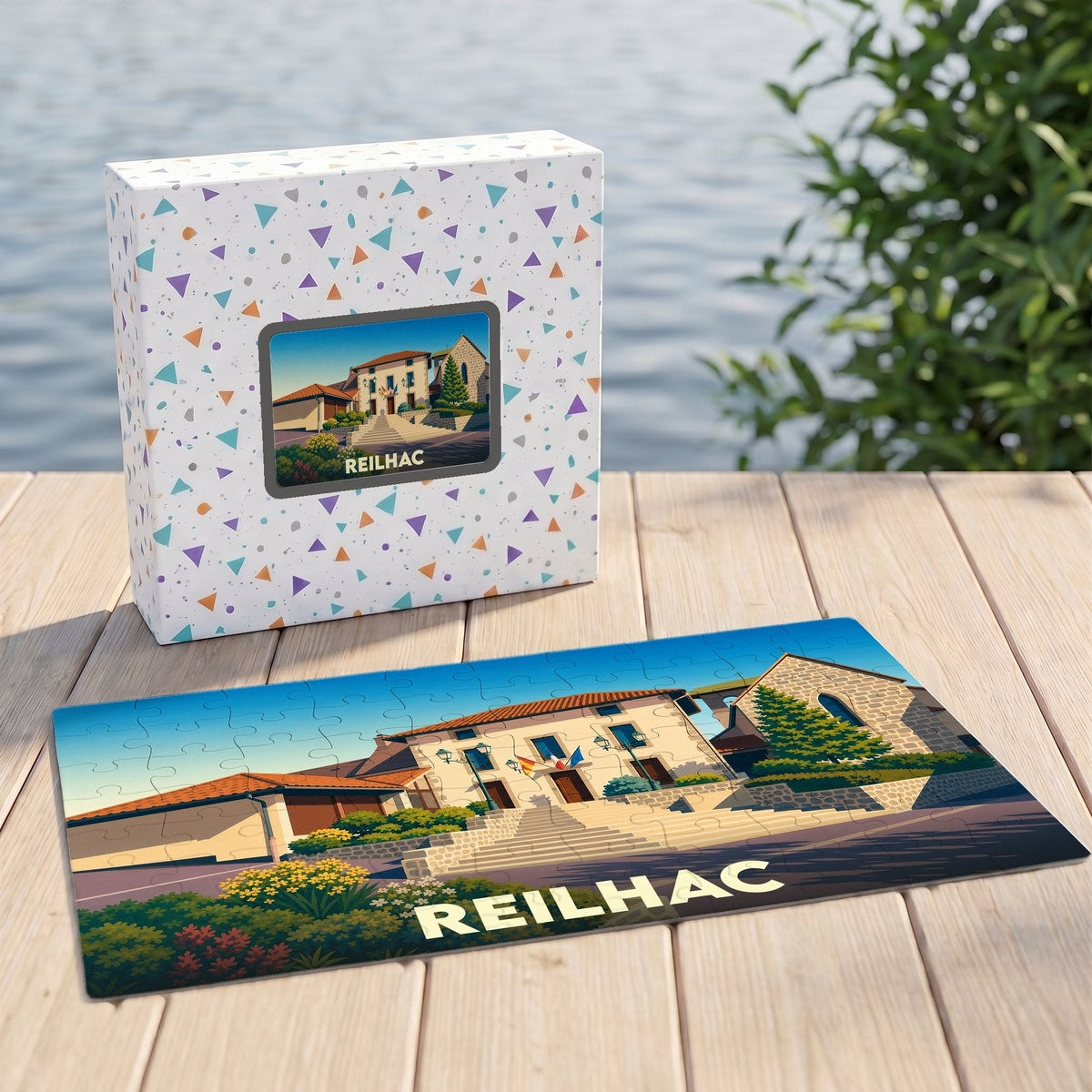 Puzzle souvenir de la ville de Reilhac avec une illustration stylisée.