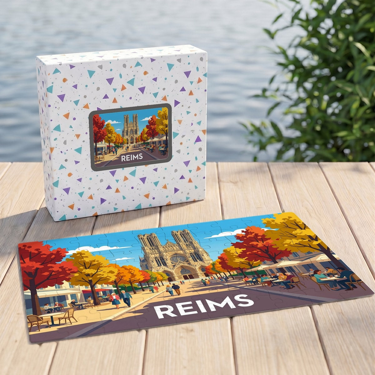 Puzzle souvenir de la ville de Reims avec une illustration stylisée de sa cathédrale et de terrasses en automne.