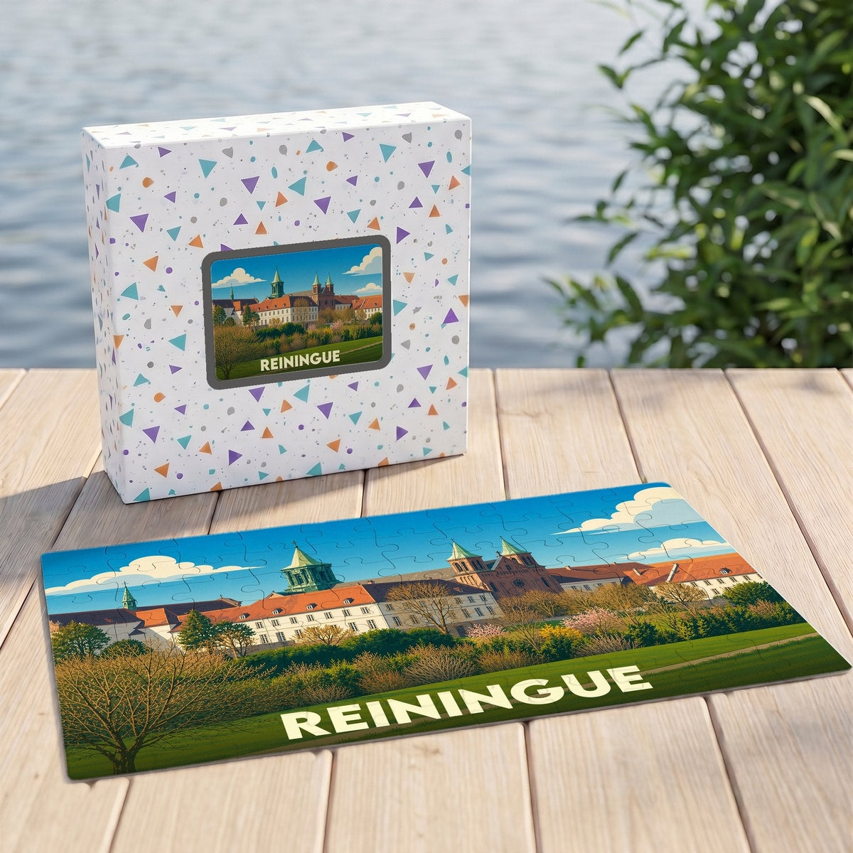 Puzzle souvenir de la ville de Reiningue avec une illustration stylisée d'un paysage urbain historique.