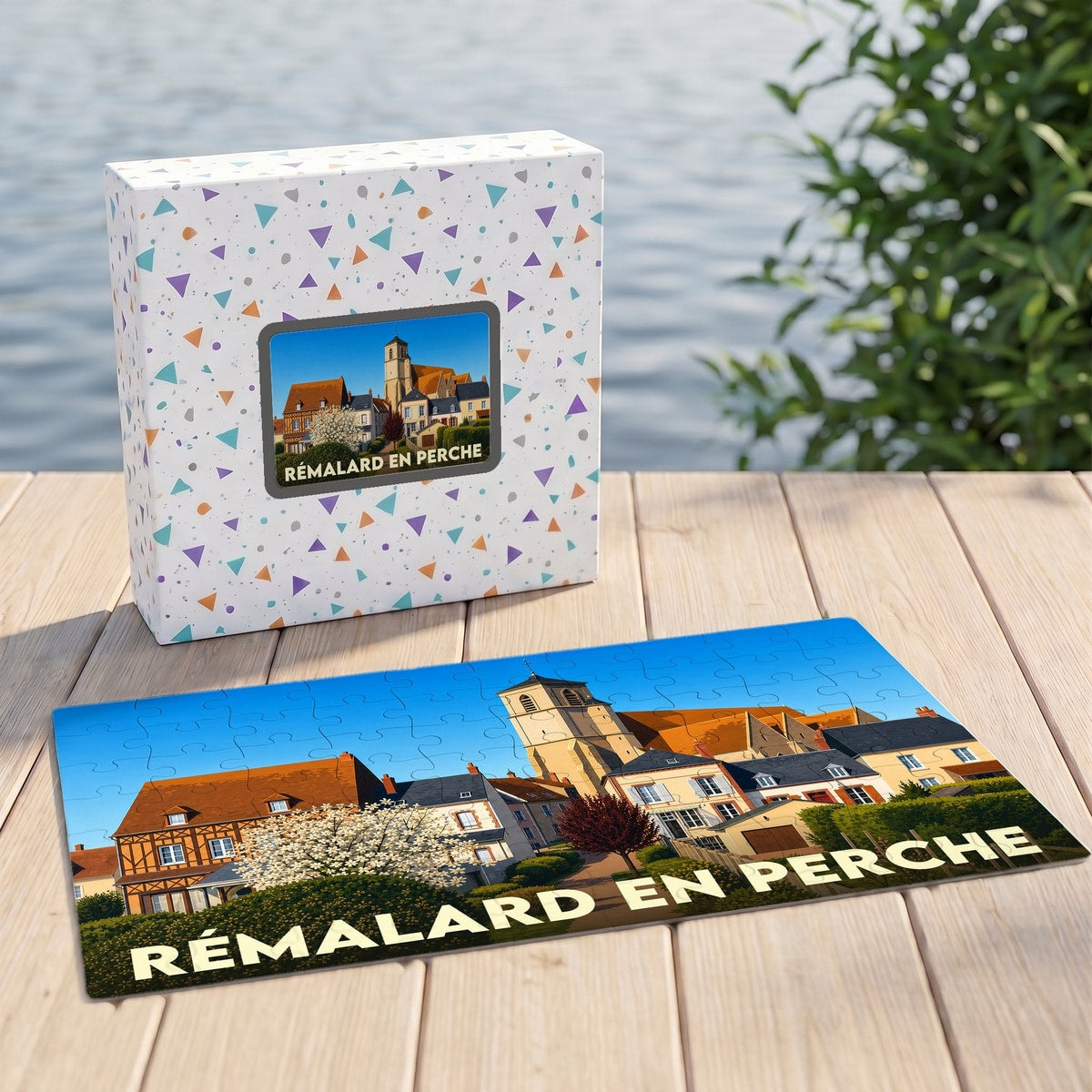 Puzzle souvenir de la ville de Rémalard en Perche avec une illustration stylisée.