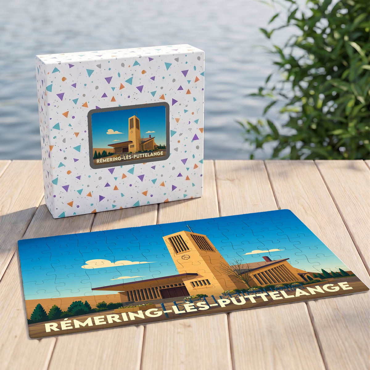 Puzzle souvenir de la ville de Rémering-lès-Puttelange avec une illustration stylisée de son église moderne.