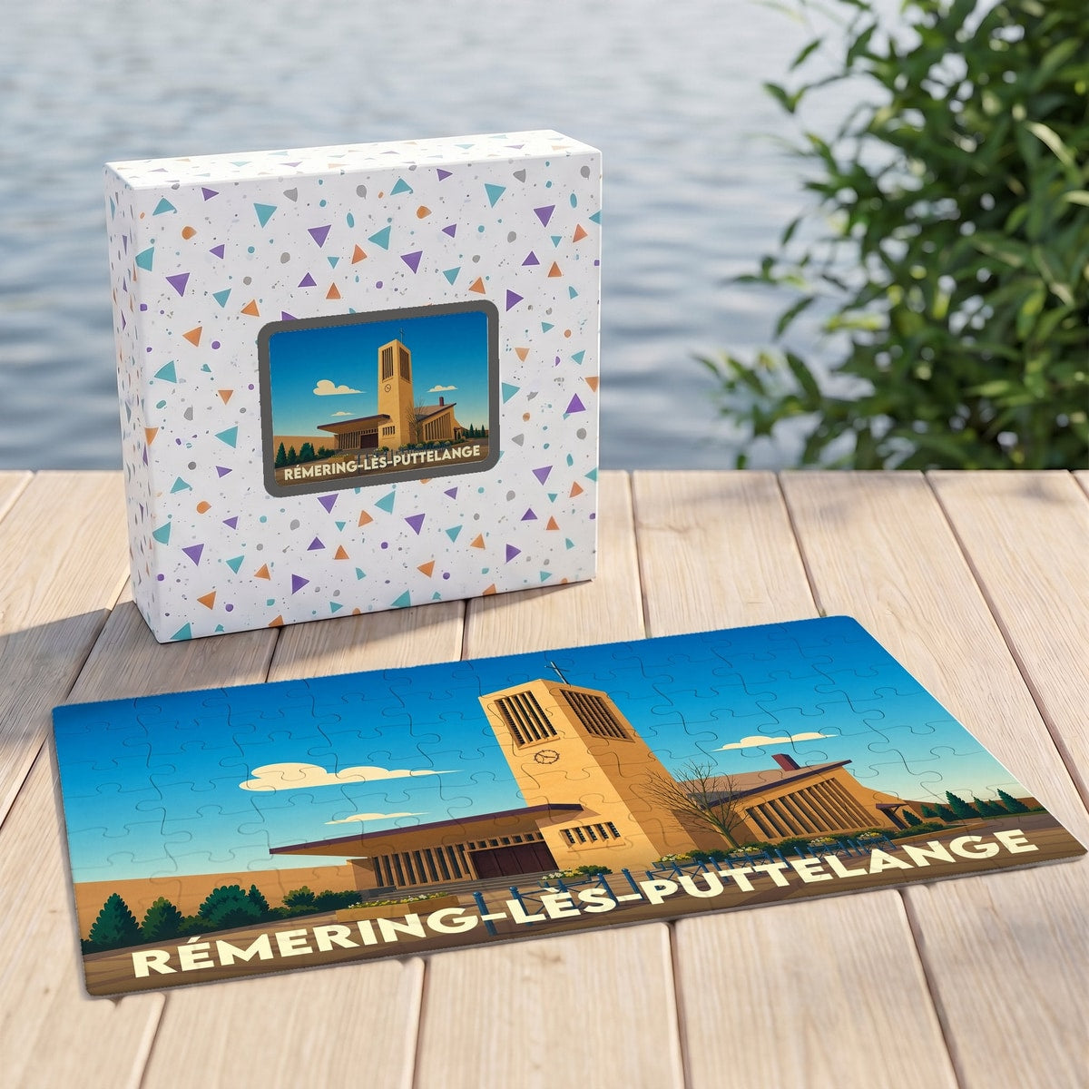 Puzzle souvenir de la ville de Rémering-lès-Puttelange avec une illustration stylisée de son église moderne.