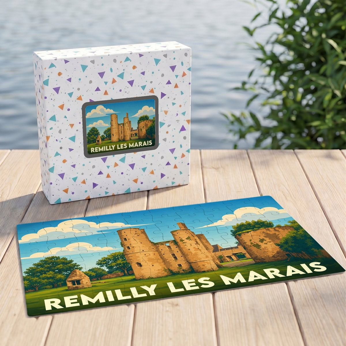 Puzzle souvenir de la ville de Remilly Les Marais avec une illustration stylisée d'un château médiéval.