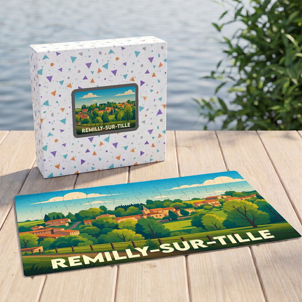 Puzzle souvenir de la ville de Remilly-sur-Tille avec une illustration de paysage coloré.