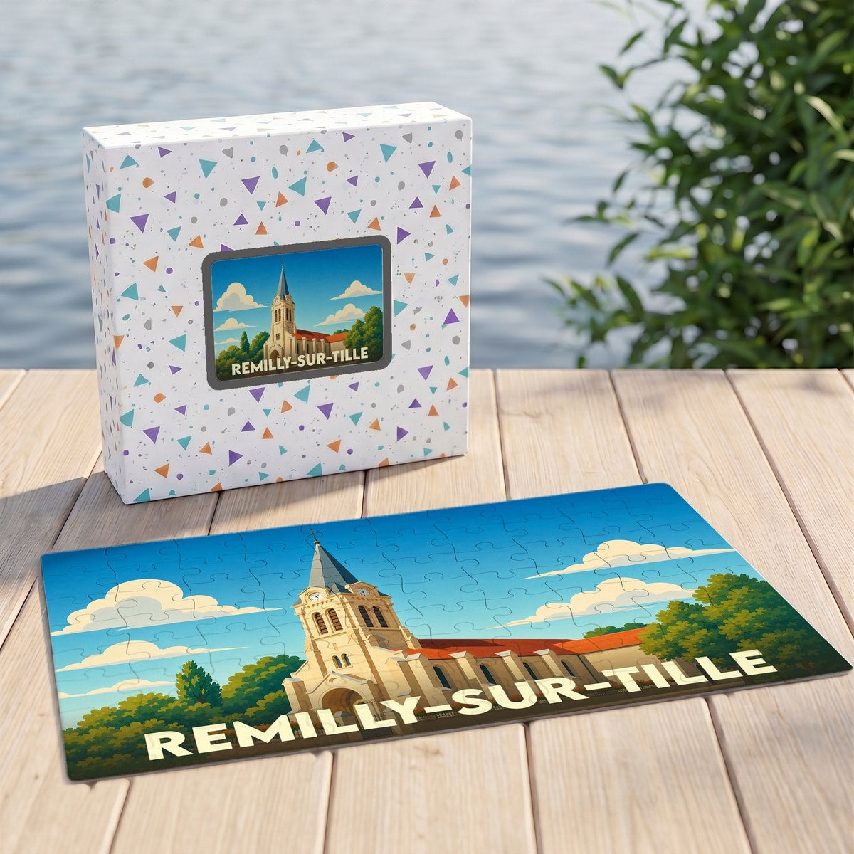 Puzzle souvenir de la ville de Remilly-sur-Tille avec une illustration stylisée de son église.