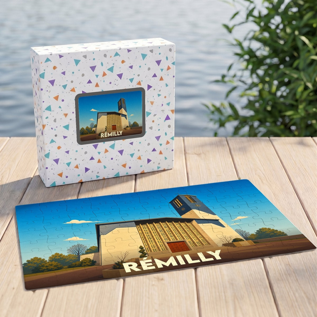 Puzzle souvenir de la ville de Rémilly avec une illustration stylisée de son église moderne.