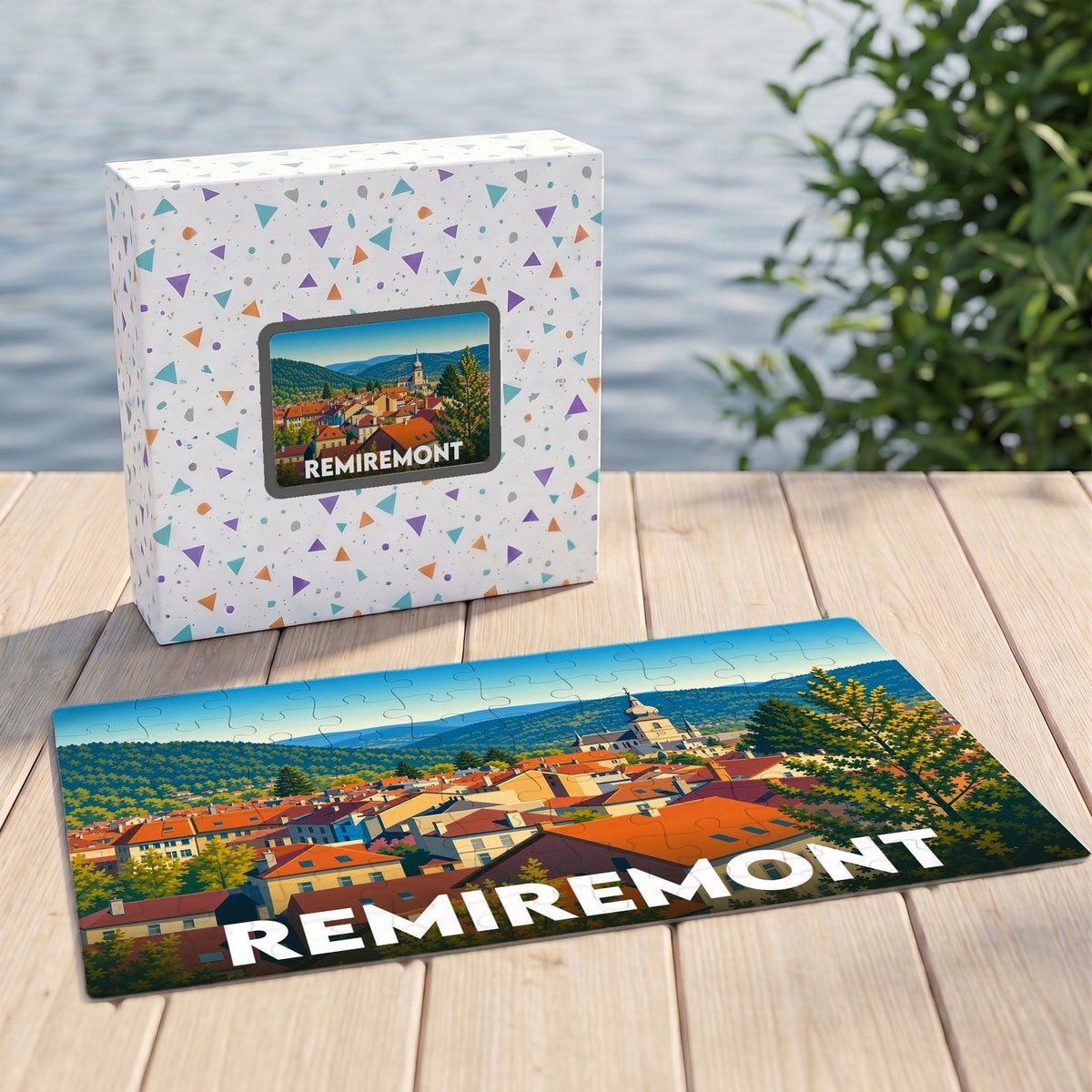 Puzzle souvenir de la ville de Remiremont présentant une illustration panoramique stylisée de ses toits et de son église.