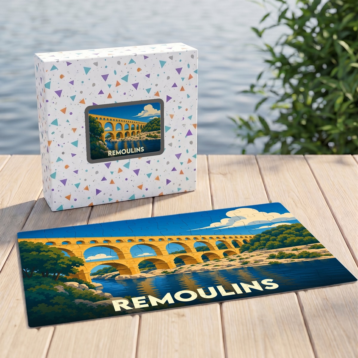 Puzzle souvenir de la ville de Remoulins représentant une illustration stylisée du célèbre Pont du Gard.