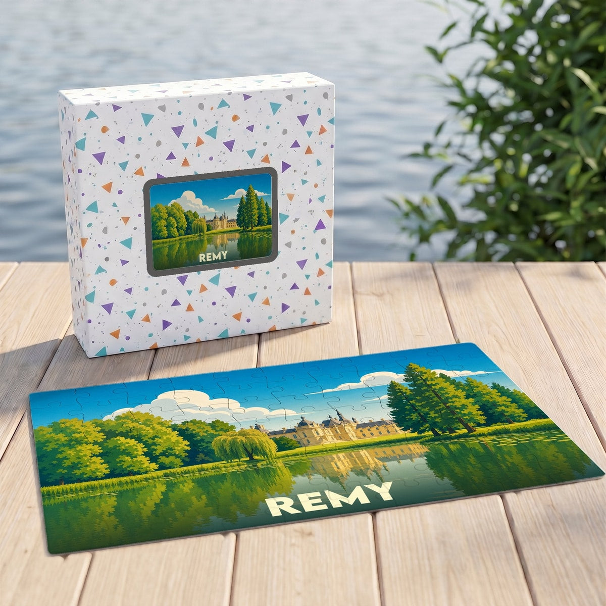 Puzzle souvenir de la ville de Remy illustré d'un château au bord de l'eau.