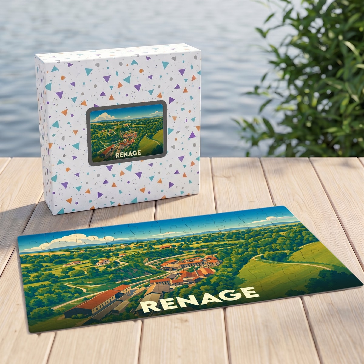 Puzzle souvenir de la ville de Renage illustrant un paysage de campagne verdoyant.