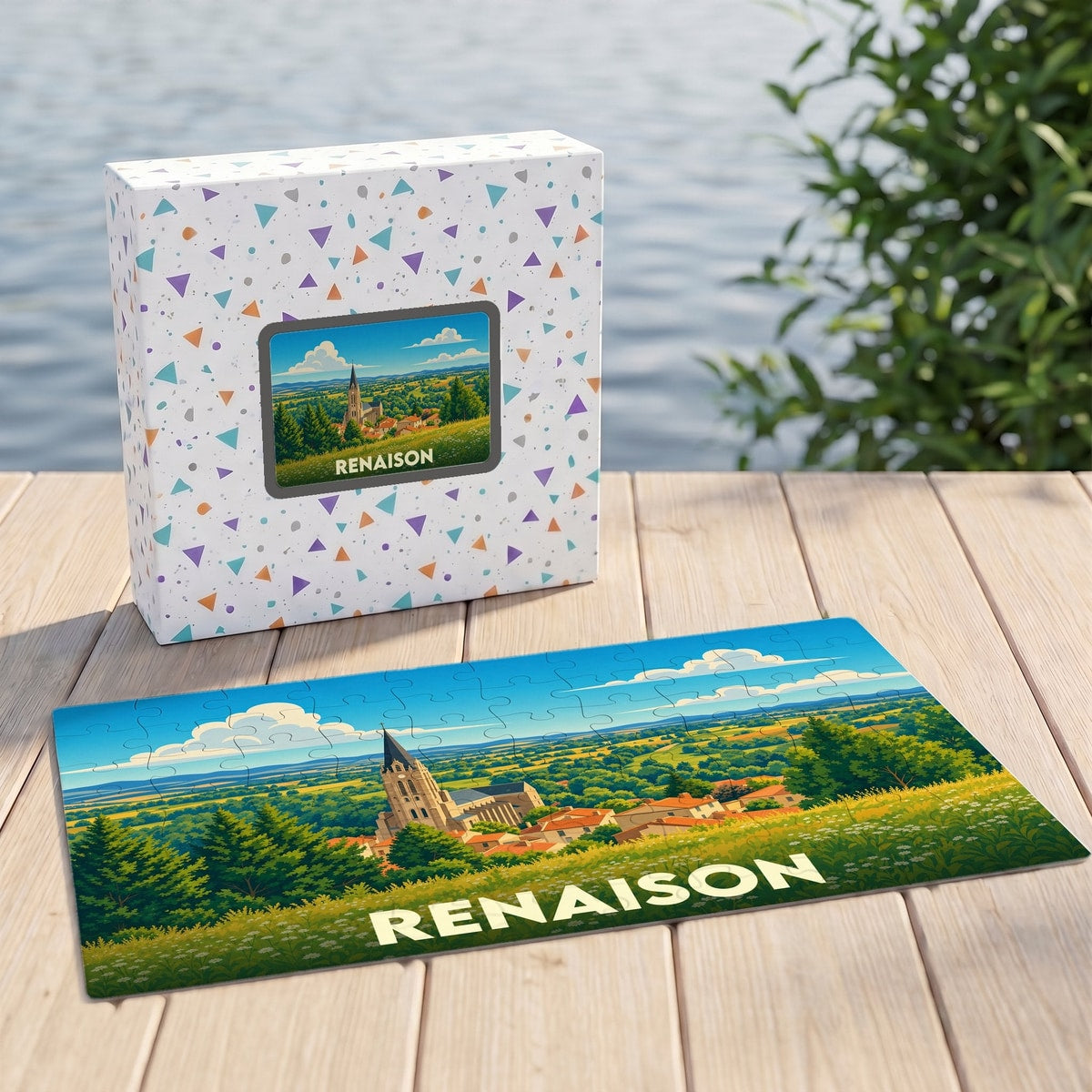 Puzzle souvenir de la ville de Renaison illustré par un paysage champêtre stylisé.