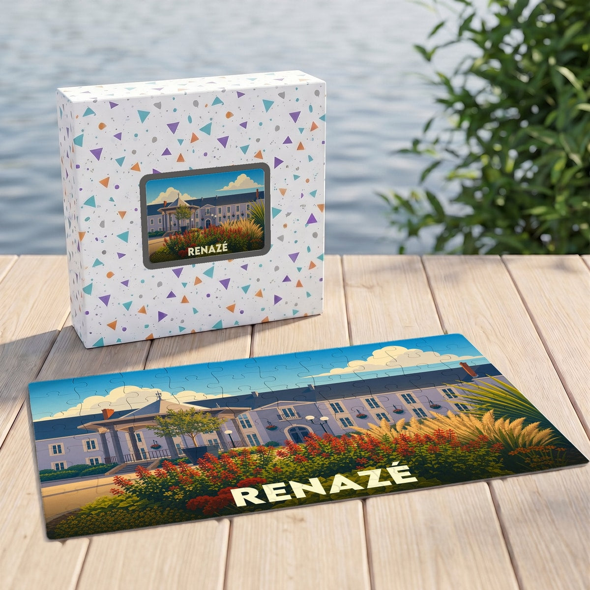 Puzzle souvenir de la ville de Renazé avec une illustration stylisée d'un bâtiment historique et de ses jardins.