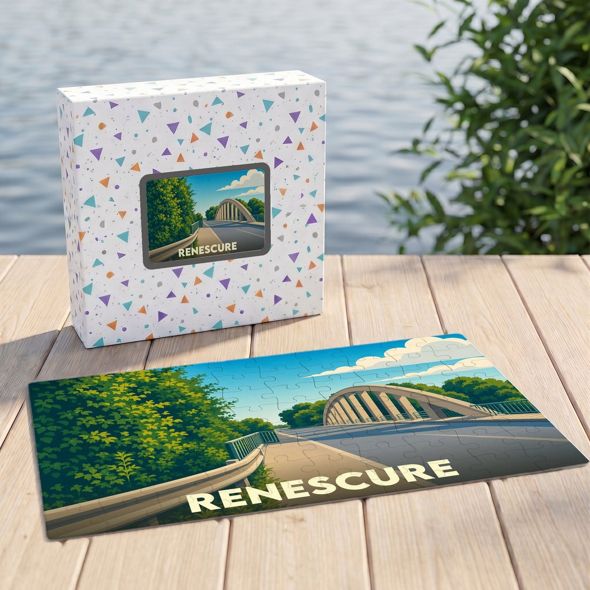 Puzzle souvenir de la ville de Renescure avec une illustration stylisée d'un pont.