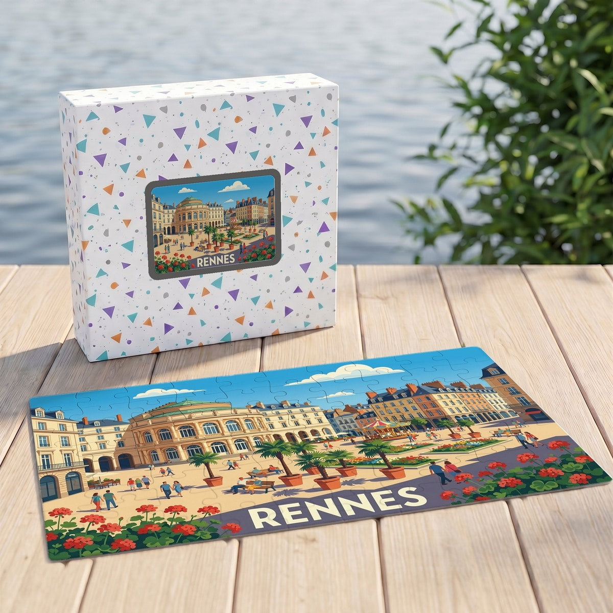 Puzzle souvenir de la ville de Rennes avec une illustration colorée de la place de l'Opéra.