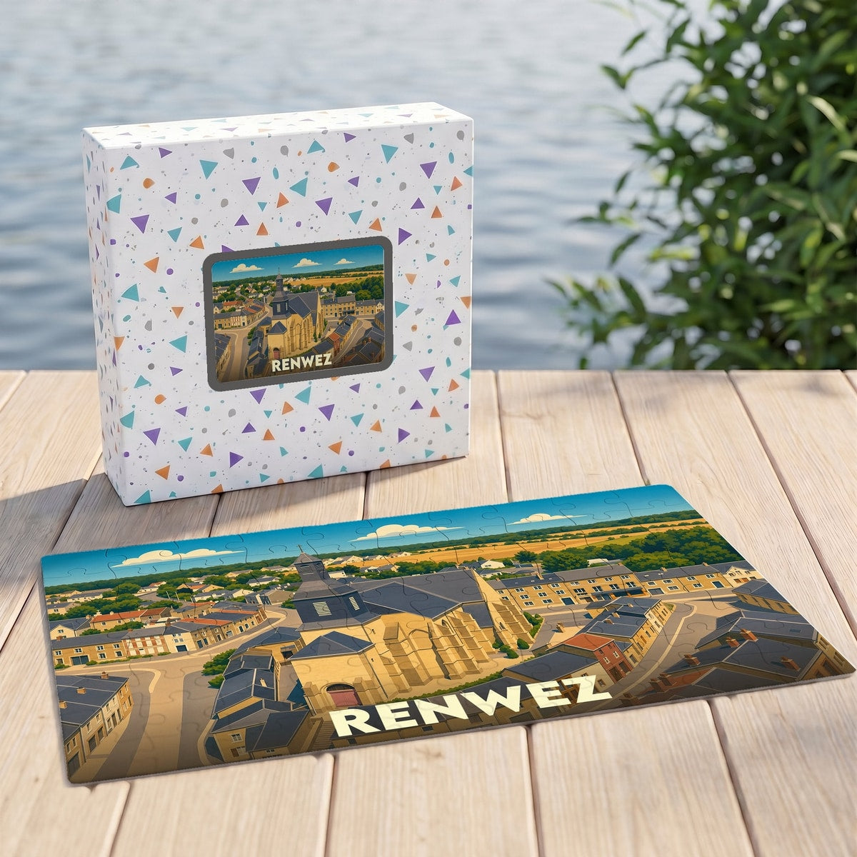 Puzzle souvenir de la ville de Renwez avec une illustration stylisée et sa boîte assortie.