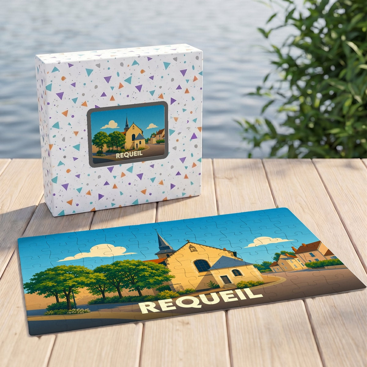 Puzzle souvenir de la ville de Requeil avec une illustration stylisée d'une église sous un ciel bleu.