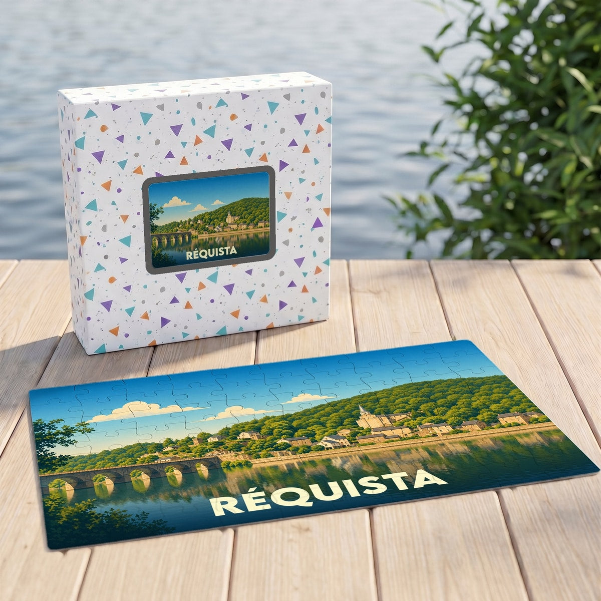 Puzzle souvenir de la ville de Réquista avec une illustration stylisée d'un paysage fluvial.