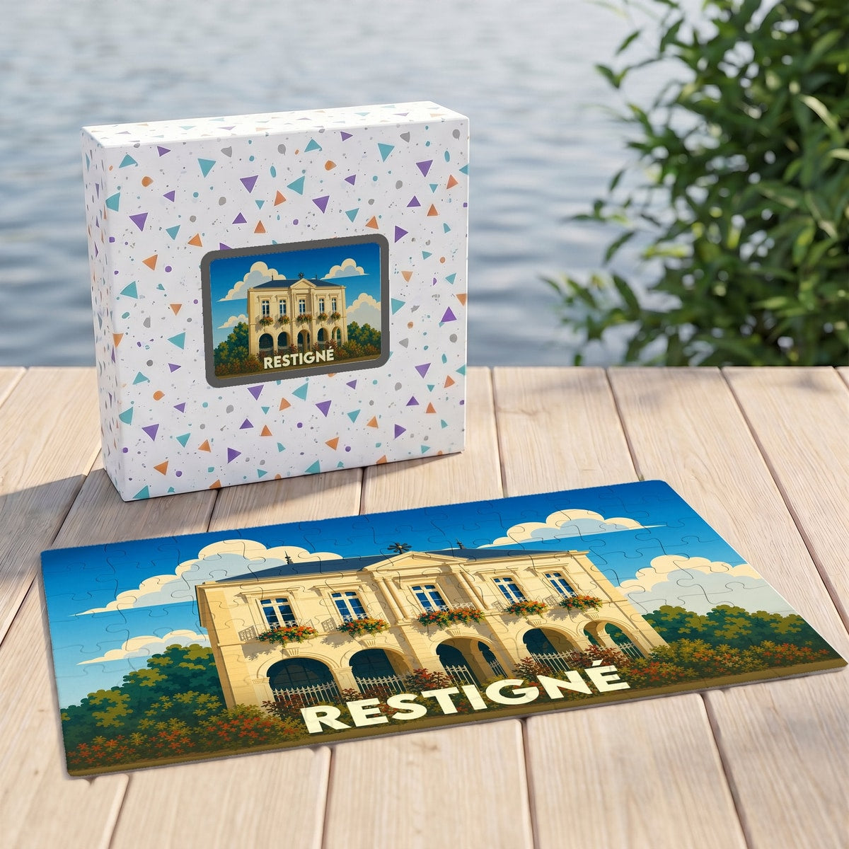 Puzzle souvenir de la ville de Restigné représentant une illustration stylisée de son architecture locale.
