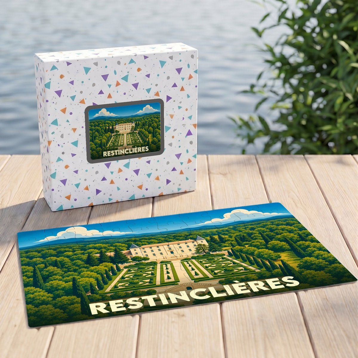Puzzle souvenir de la ville de Restinclières représentant son domaine et ses jardins avec une illustration stylisée.