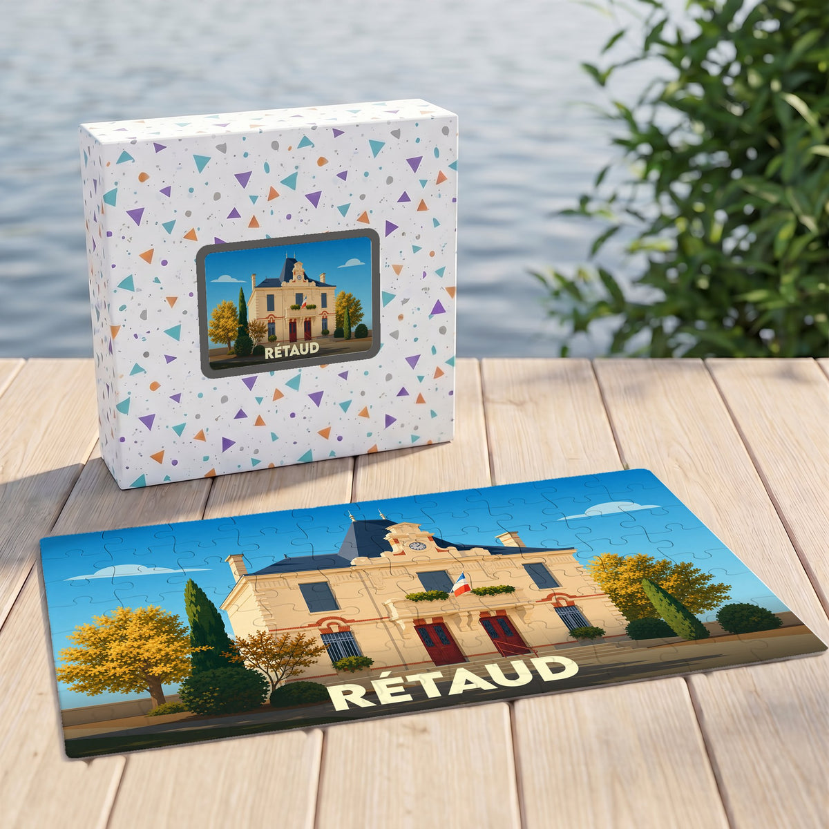 Puzzle souvenir de la ville de Rétaud représentant une illustration stylisée de sa mairie.