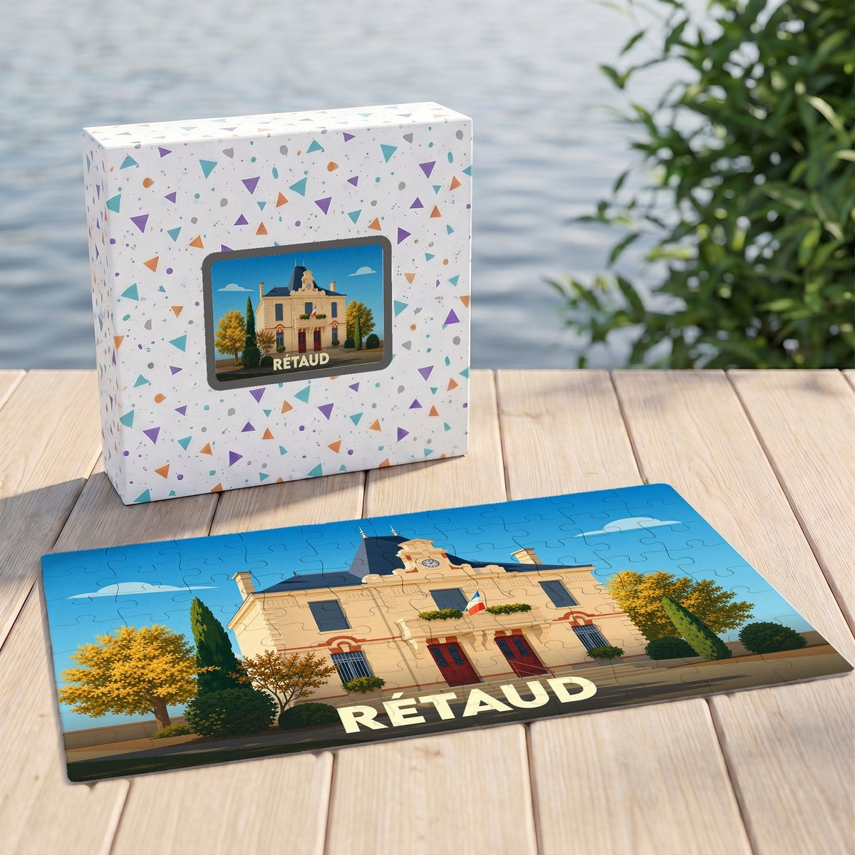 Puzzle souvenir de la ville de Rétaud représentant une illustration stylisée de sa mairie.