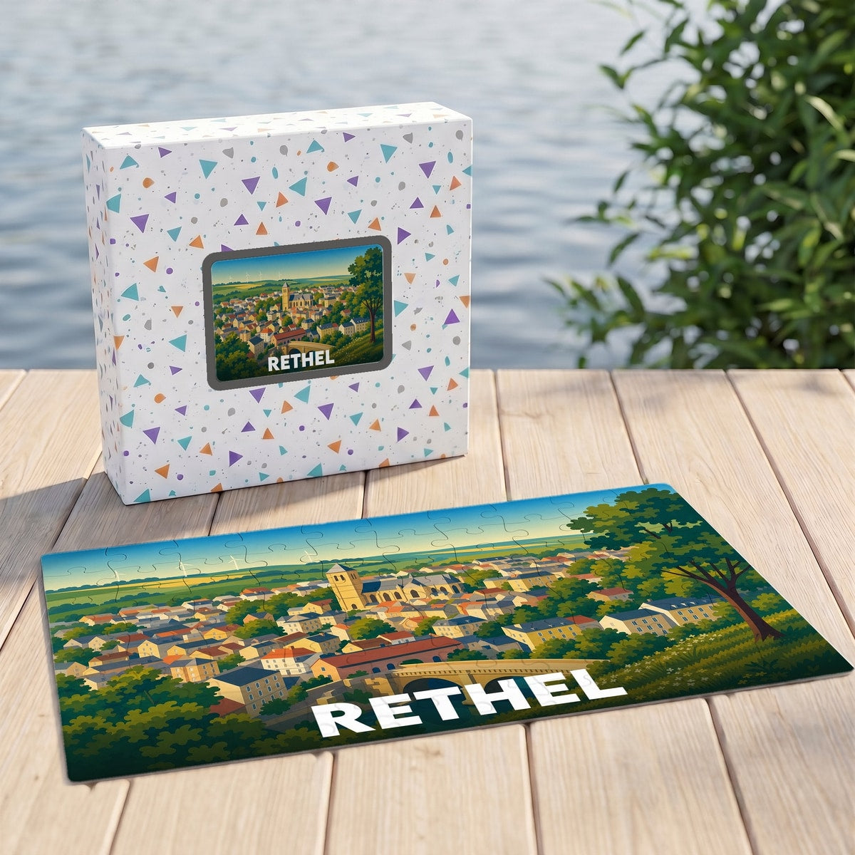 Puzzle souvenir de la ville de Rethel avec une illustration paysagère stylisée.