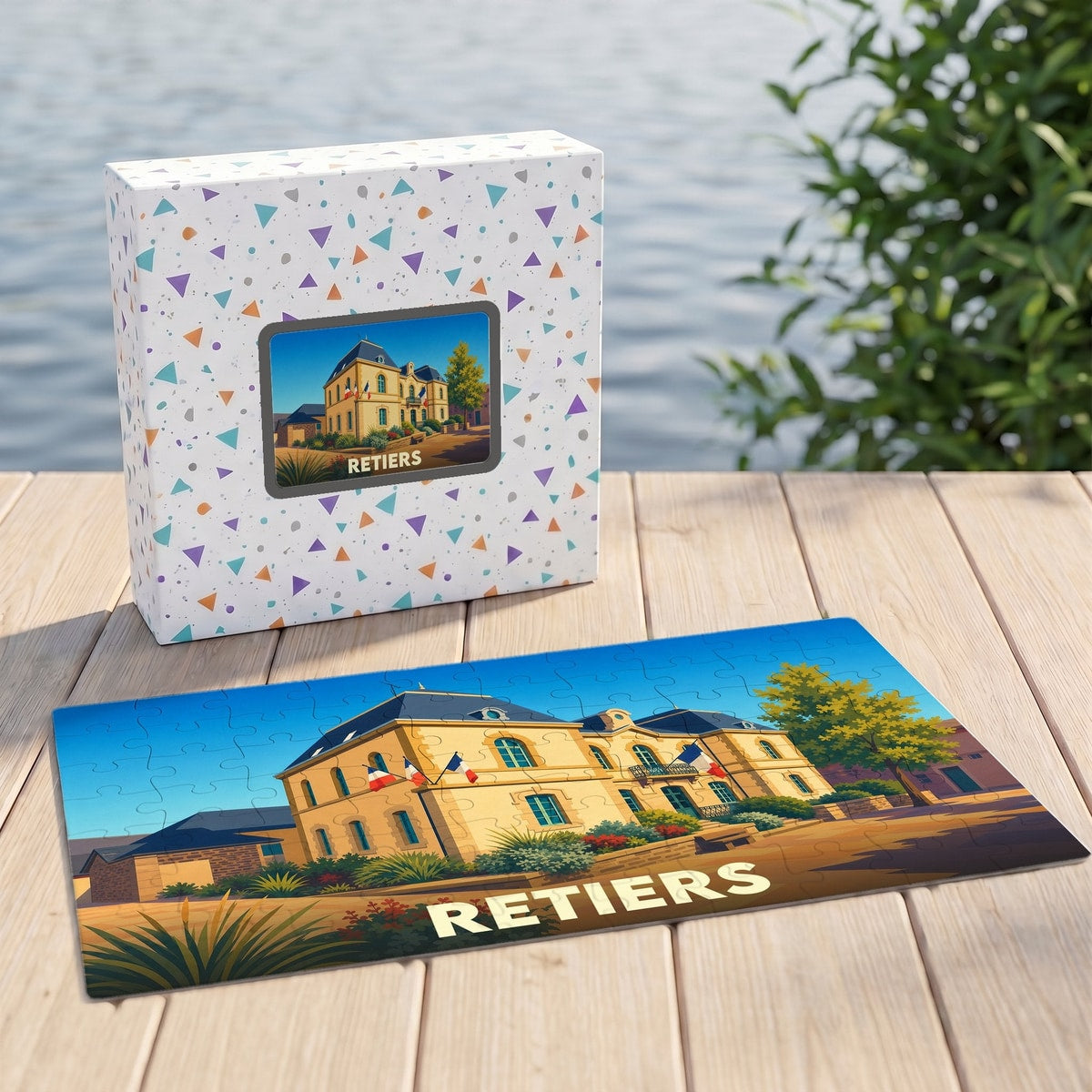 Puzzle souvenir de la ville de Retiers avec une illustration stylisée de son hôtel de ville.