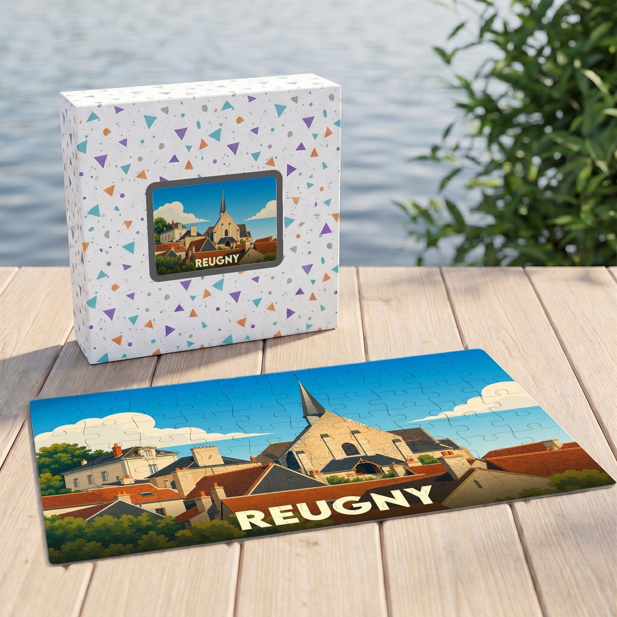 Puzzle souvenir de la ville de Reugny avec une illustration stylisée et colorée.
