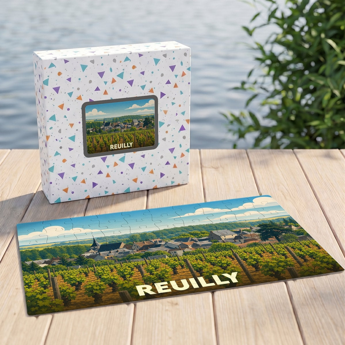 Puzzle souvenir de la ville de Reuilly avec une illustration stylisée d'un vignoble et de son village.