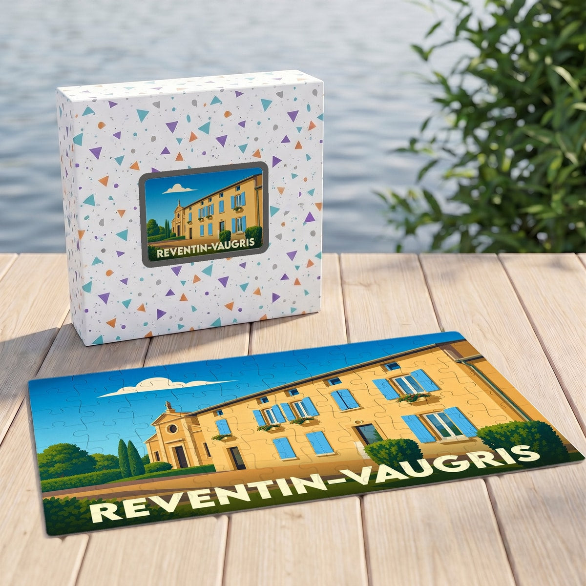 Puzzle souvenir de la ville de Reventin-Vaugris avec une illustration stylisée de son architecture.