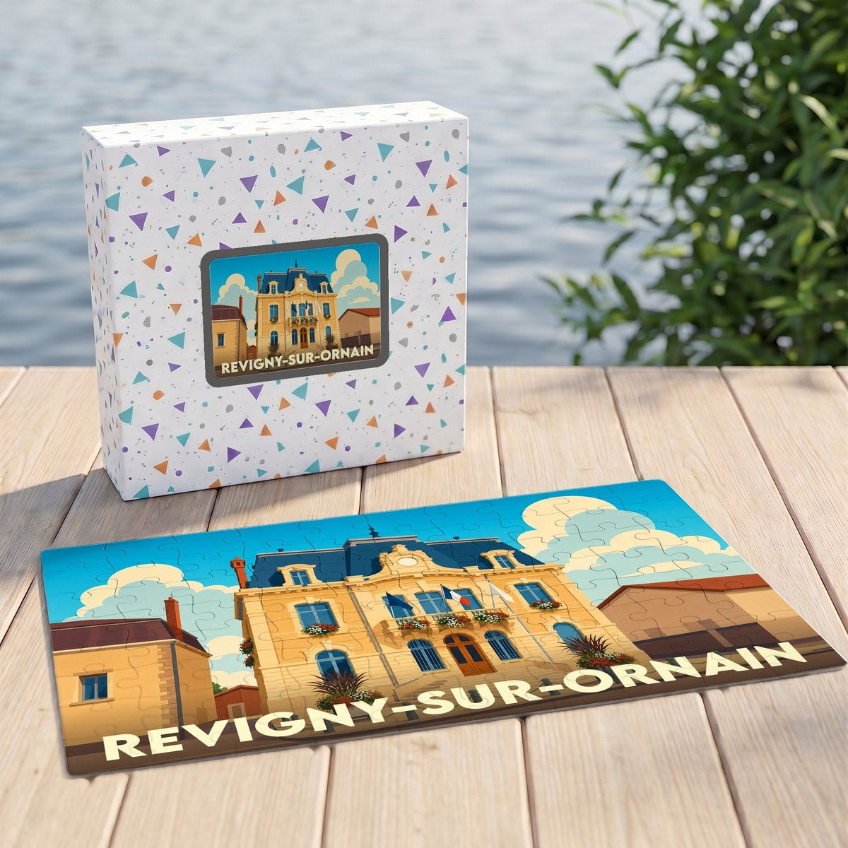 Puzzle souvenir de la ville de Revigny-sur-Ornain avec une illustration stylisée de son hôtel de ville.