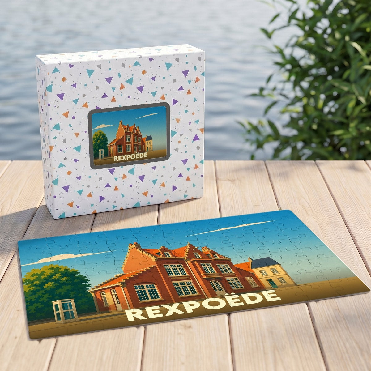 Puzzle souvenir de la ville de Rexpoëde avec une illustration stylisée d'un bâtiment typique.