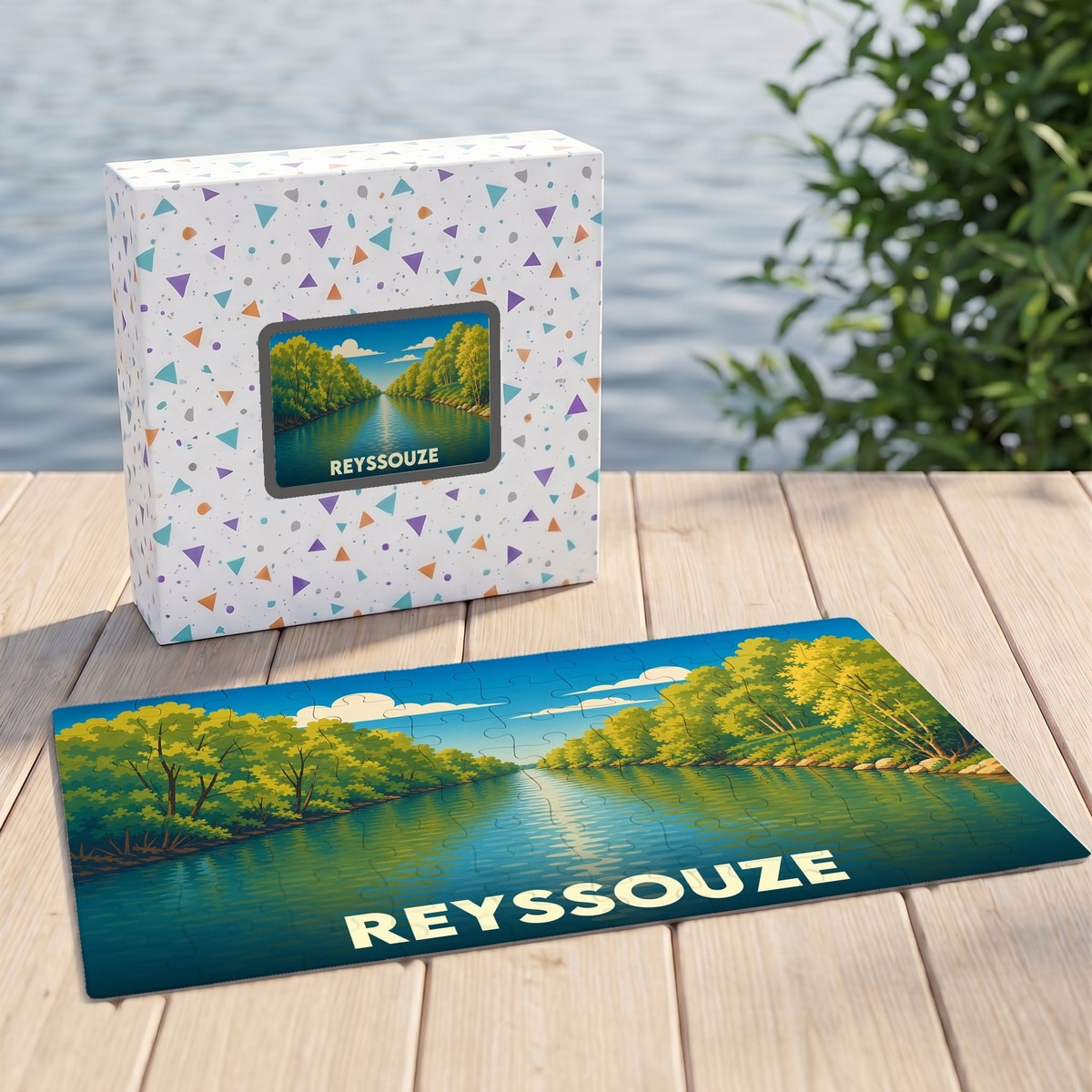 Puzzle souvenir de la ville de Reyssouze illustrant une rivière bordée d'arbres sous un ciel ensoleillé.