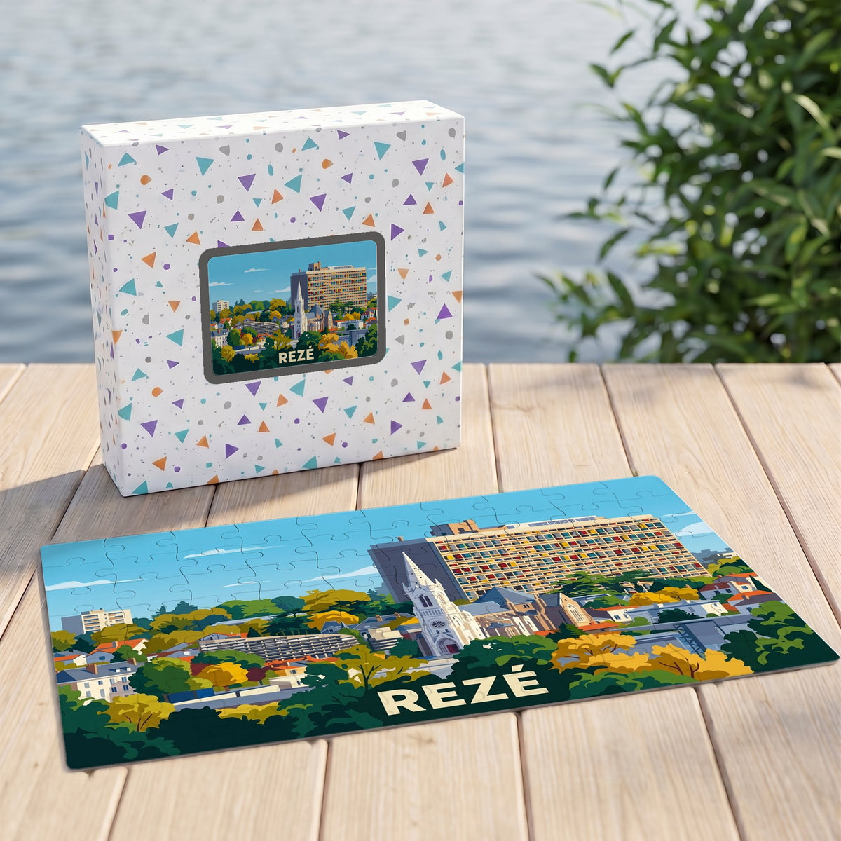 Puzzle souvenir de la ville de Rezé présentant une illustration colorée de son paysage urbain et de sa célèbre Maison Radieuse.