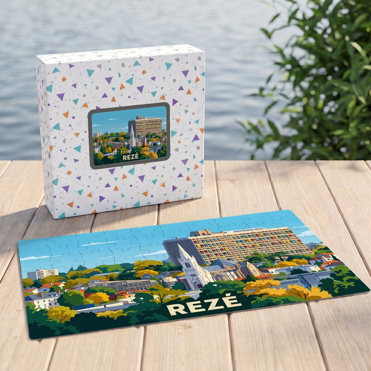 Puzzle souvenir de la ville de Rezé présentant une illustration colorée de son paysage urbain et de sa célèbre Maison Radieuse.