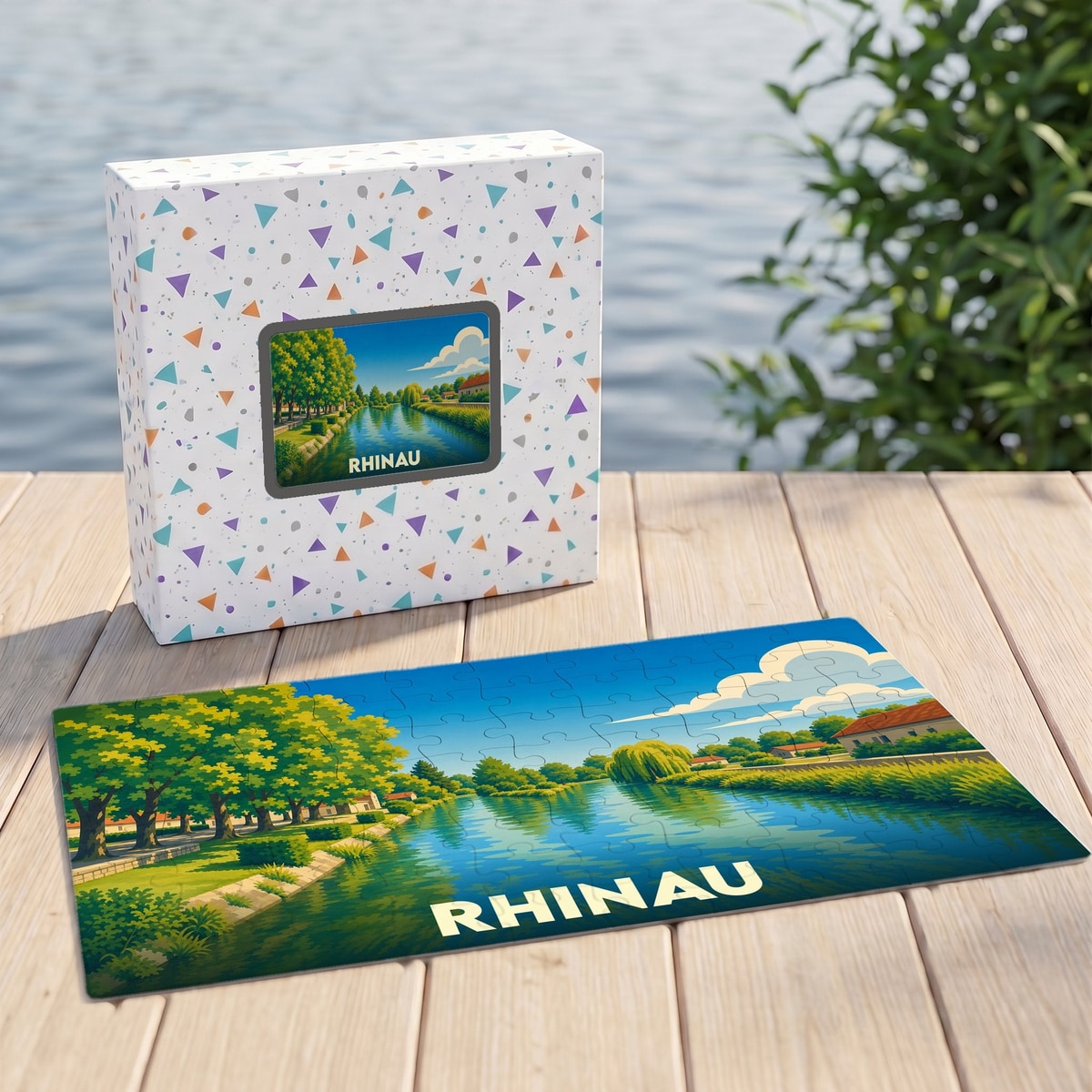Puzzle souvenir de la ville de Rhinau avec une illustration colorée et stylisée de ses bords de l'eau.