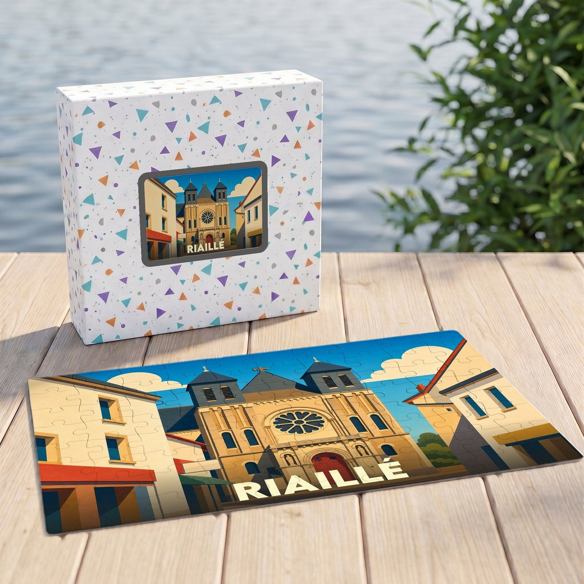 Puzzle souvenir de la ville de Riaillé avec une illustration stylisée de son église.