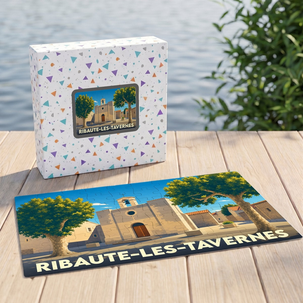 Puzzle souvenir de la ville de Ribaute-les-Tavernes avec une illustration stylisée de son église et de sa place.
