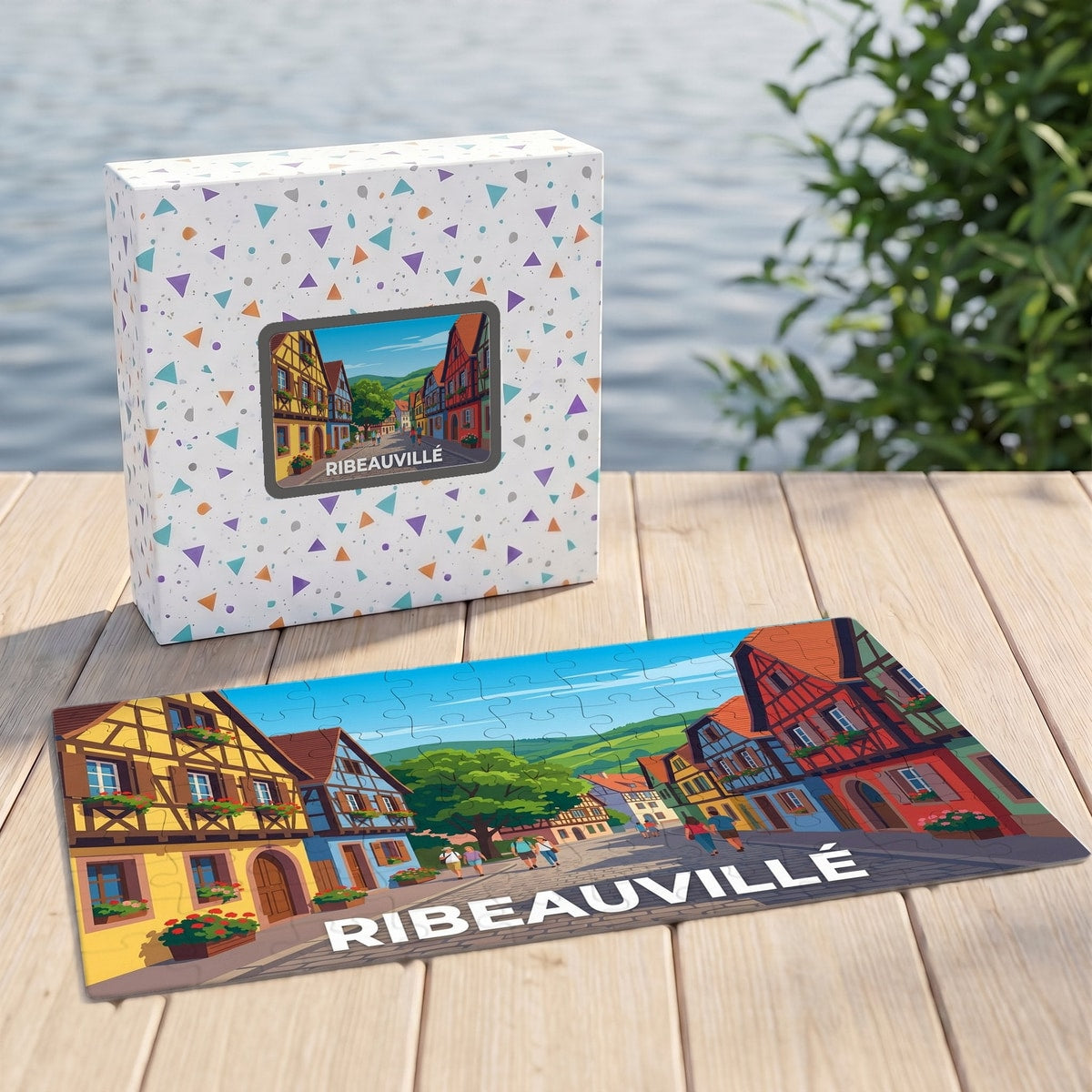 Puzzle souvenir de la ville de Ribeauvillé avec une illustration colorée de ses maisons à colombages.