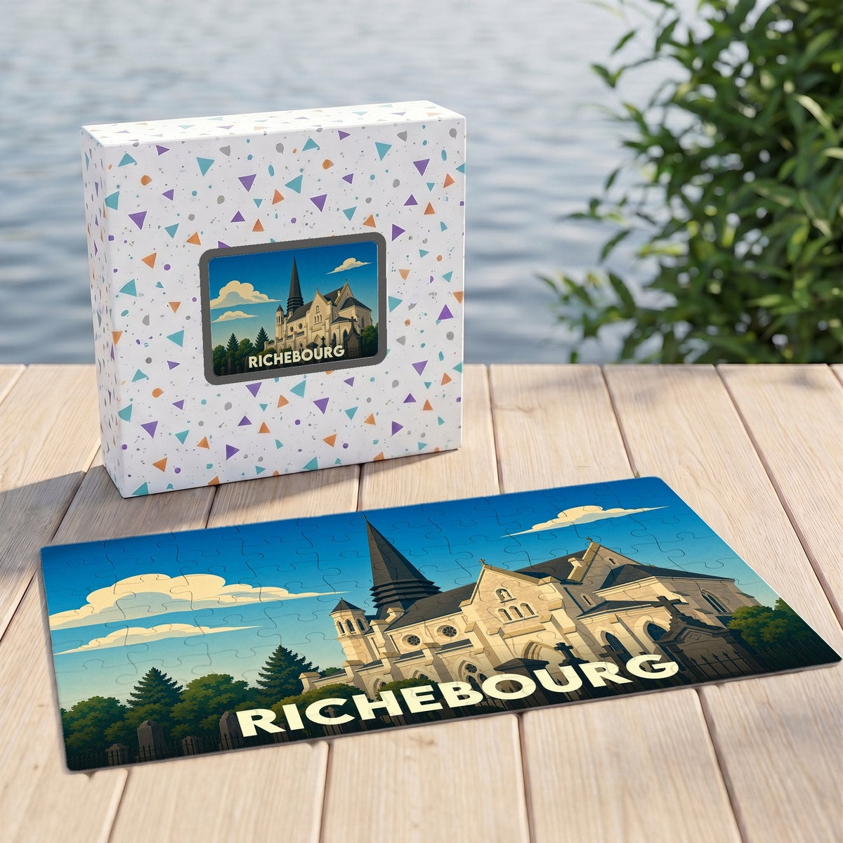 Puzzle souvenir de la ville de Richebourg avec une illustration stylisée d'une église.