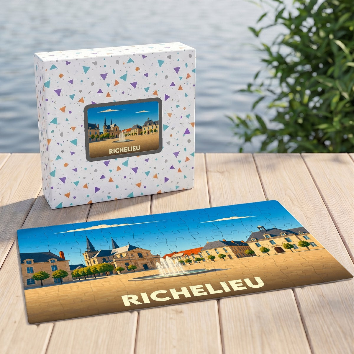 Puzzle souvenir de la ville de Richelieu présentant une illustration stylisée de sa place principale.