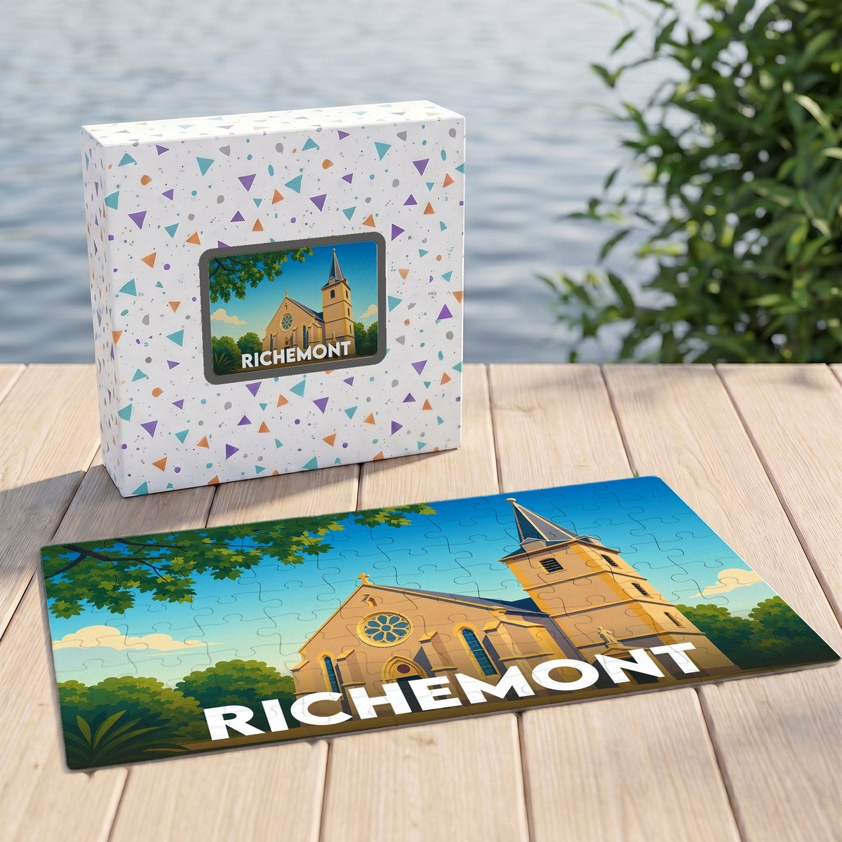Puzzle souvenir de la ville de Richemont avec une illustration stylisée de son église.
