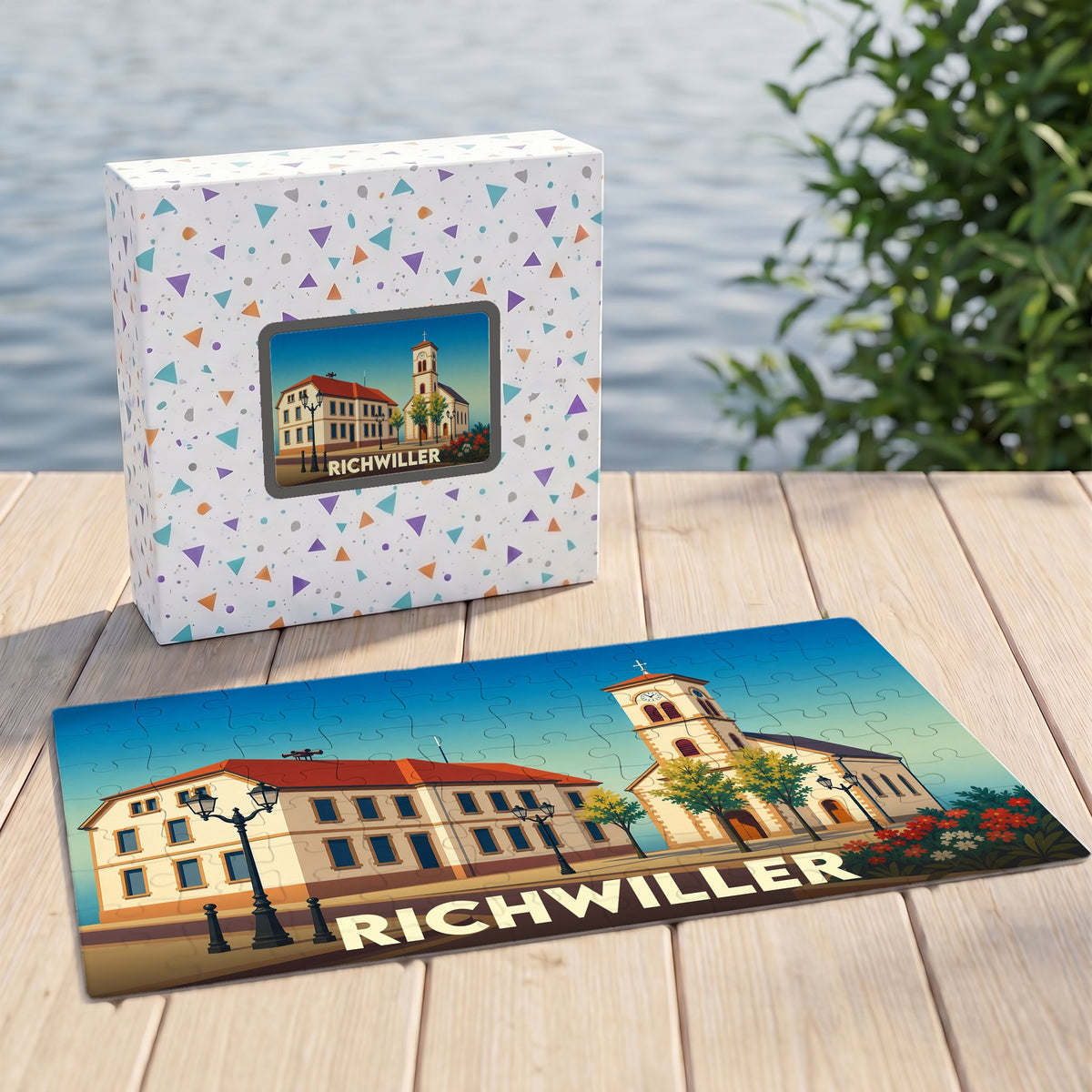 Puzzle souvenir de la ville de Richwiller avec une illustration stylisée d'une église et de bâtiments locaux.